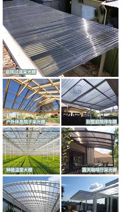 Collage: GOODLIFE Polycarbonat-Wellplatten in Wohnterrassenüberdachungen, Laufstegen und gewerblichen Gewächshäusern