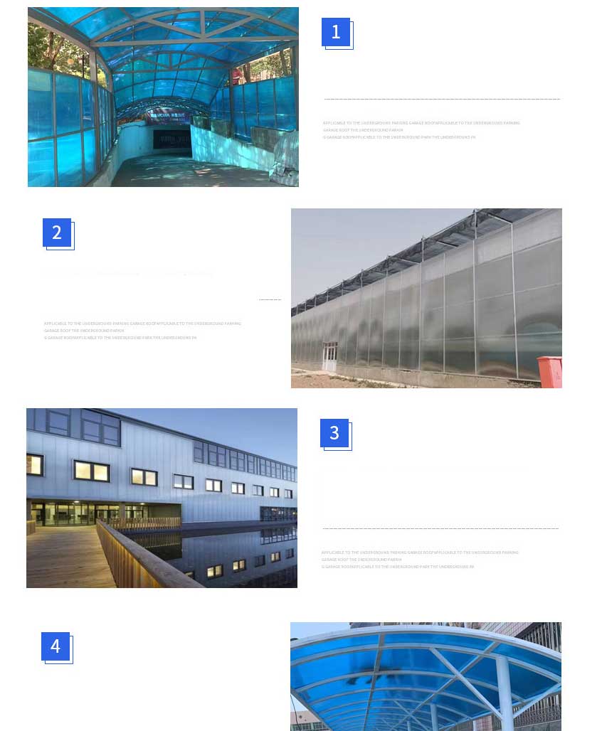 Collage of four-wall polycarbonate applications in tunnels, booths, and architectural roofs
