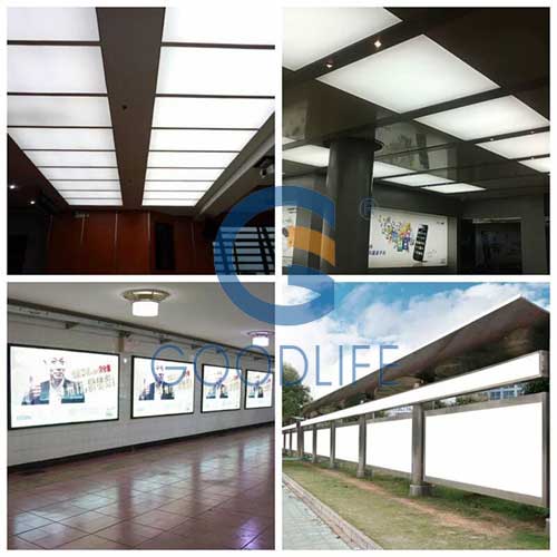 Collage: Polycarbonat-Lichtdiffusorplatten in Außen-Leuchtkästen, U-Bahn-Displays und architektonischen Decken